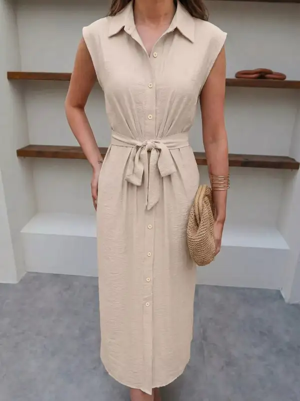 Button Front Tie Waist Sleeveless Midi Dress