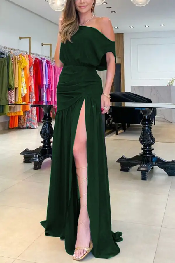 Elegant Ruched One Shoulder Top And Slit Maxi Skirt Set