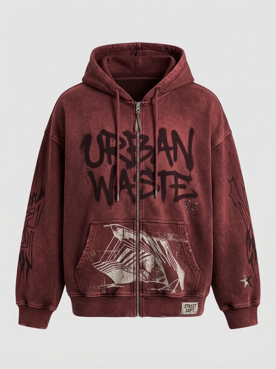 Unisex Streetwear Urban Waste Graffiti Printed Zip-up Hoodie
