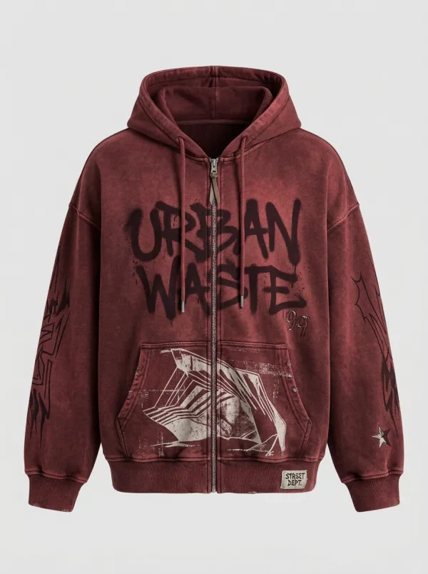 Unisex Streetwear Urban Waste Graffiti Printed Zip-up Hoodie
