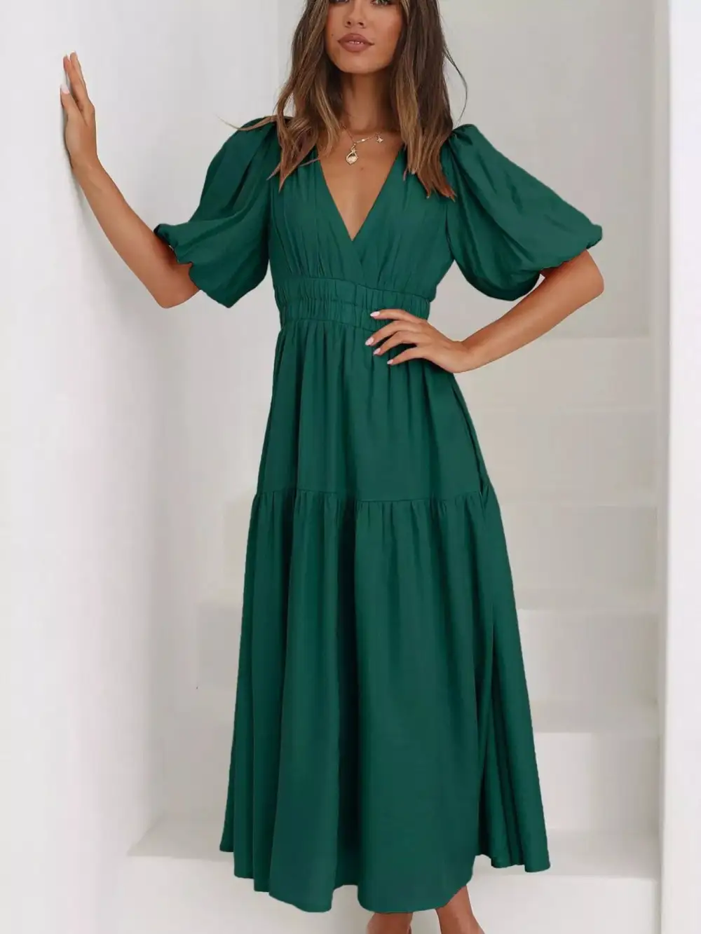 Everyday V-neck Puff Sleeve Midi Dress
