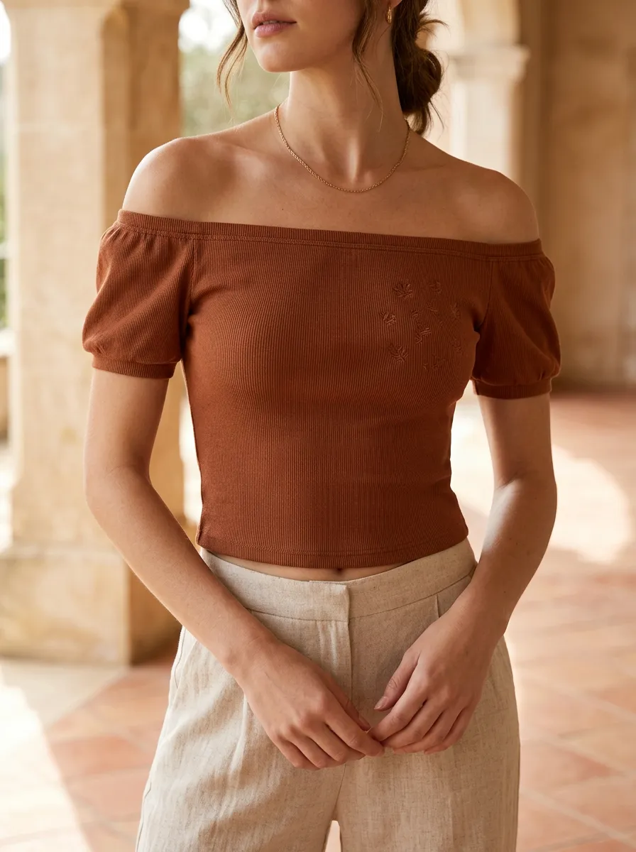 Women's Minimalist Floral Embroidered Ribbed Off-Shoulder Top