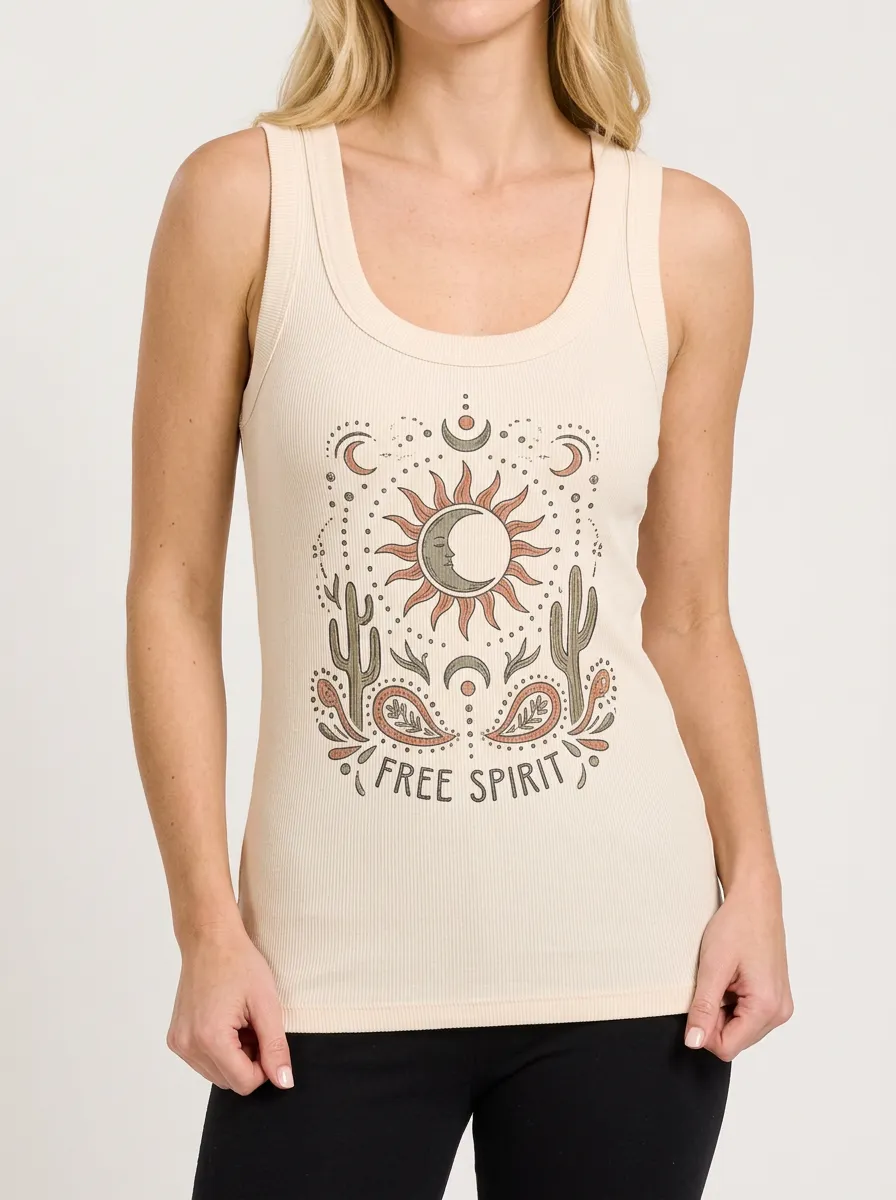 Women's Boho Free Spirit Sun Moon Cactus Graphic Tank Top