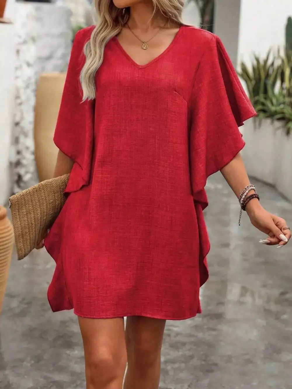 V Neck Ruffle Flutter Sleeve Mini Dress