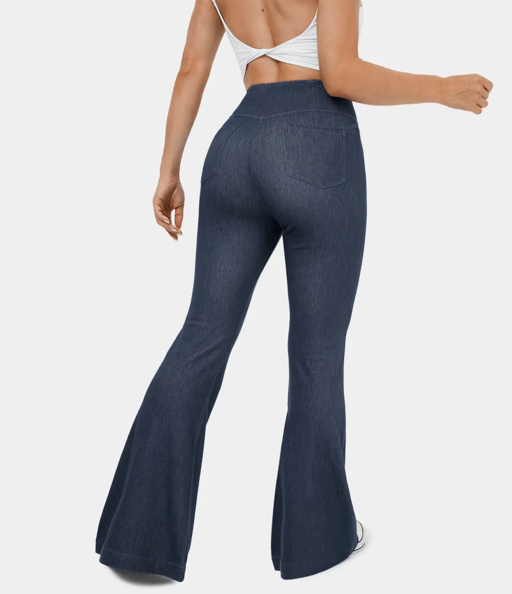 Magic High Waisted Crossover Back Pocket Stretchy Knit Casual Flare Jeans