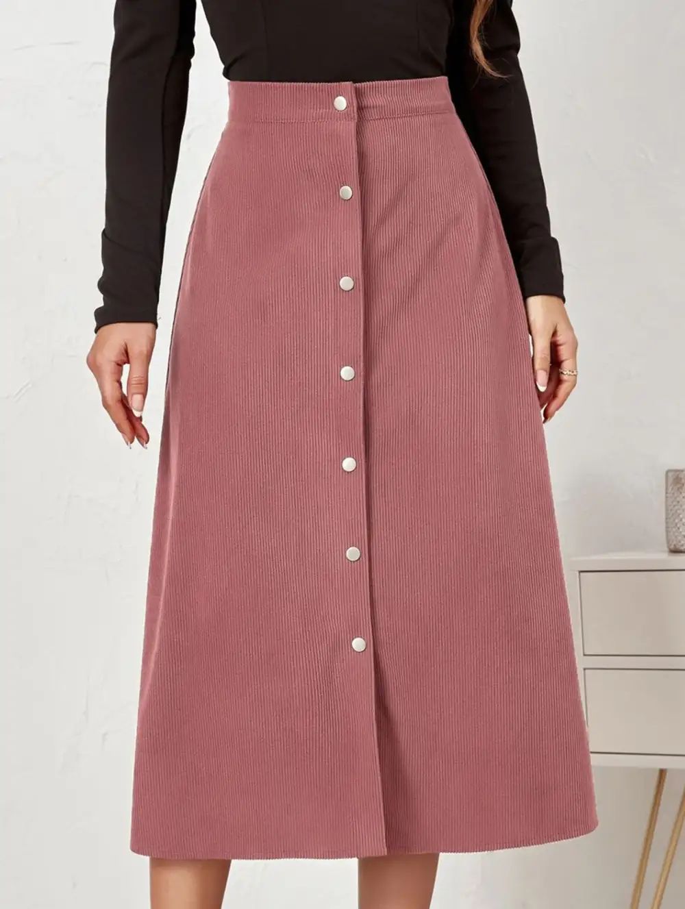 Corduroy Button Front Midi Skirt