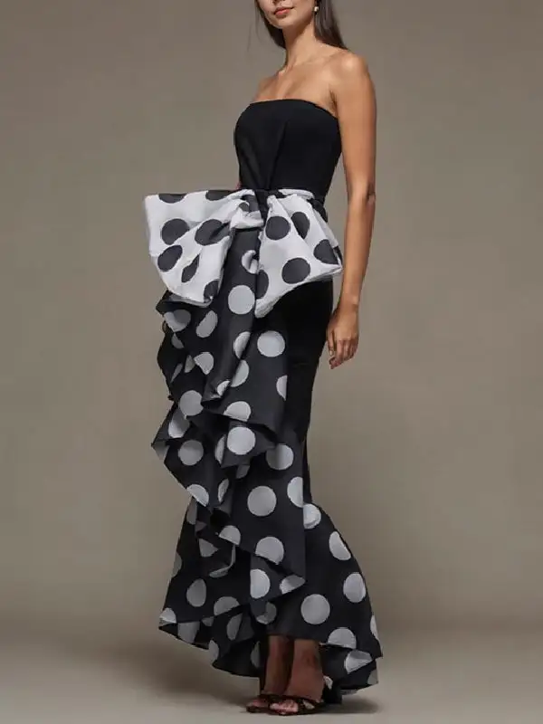 Women's Slim Fit Pleated Polka Dot Patchwork Maxi Dress