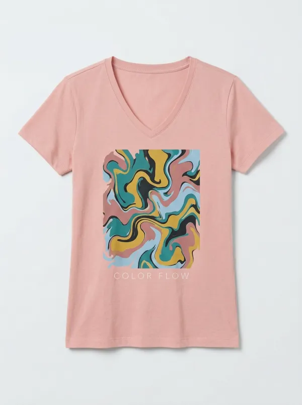 Women's Abstract Art Color Flow Marble Printed V-Neck T-Shirt