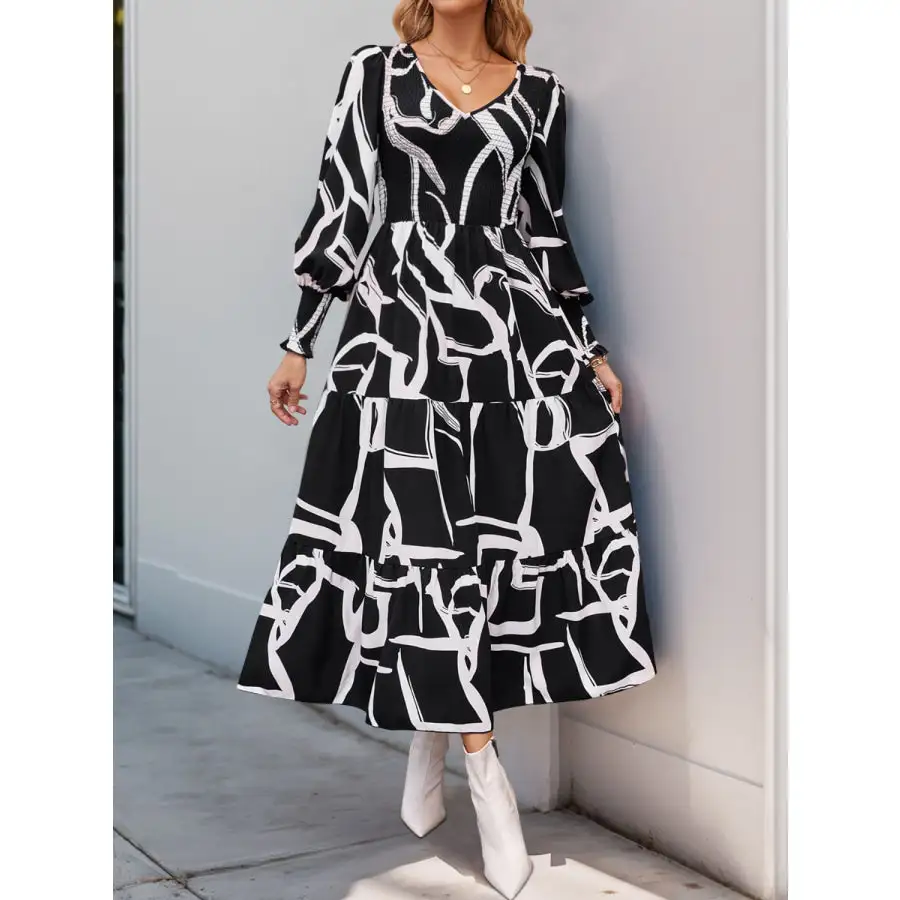 Smocked Long Sleeve Midi Dress
