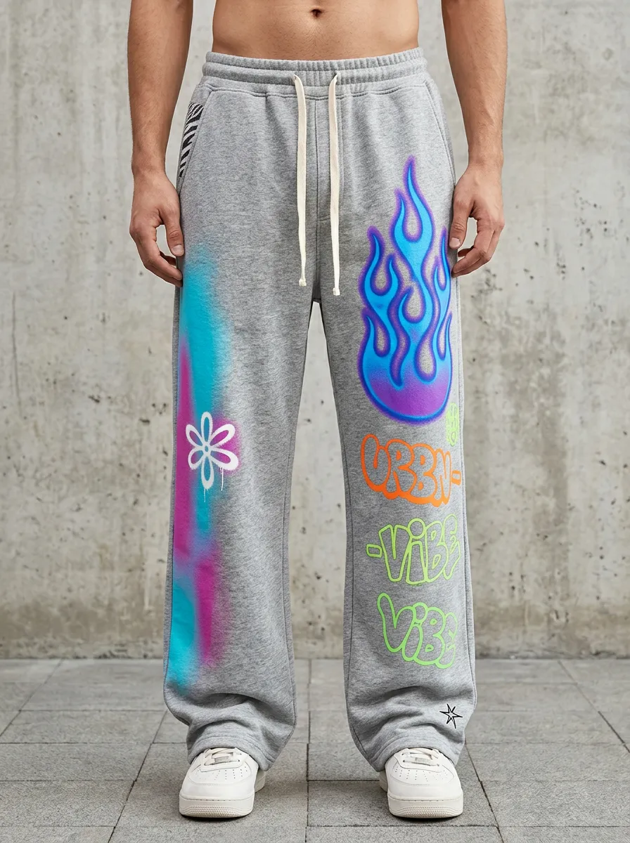 Men's Streetwear Urban Vibe Flame Flower Graffiti Printed Sweatpants