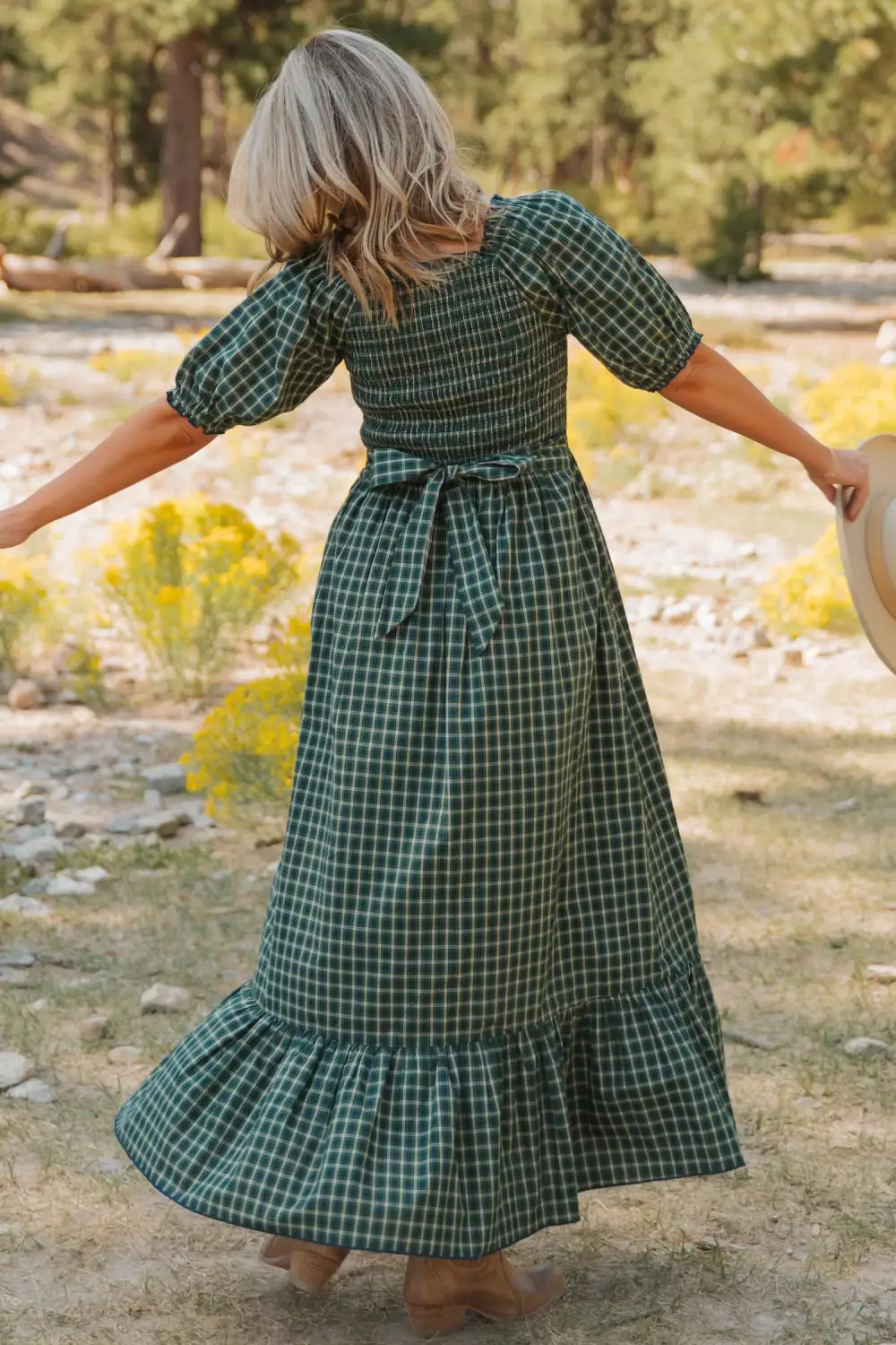 Plaid Square Neck Shirred High Waist Ruffle Hem Dress