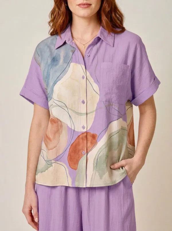 Women's Abstract Art Watercolor Printed Button Down Shirt