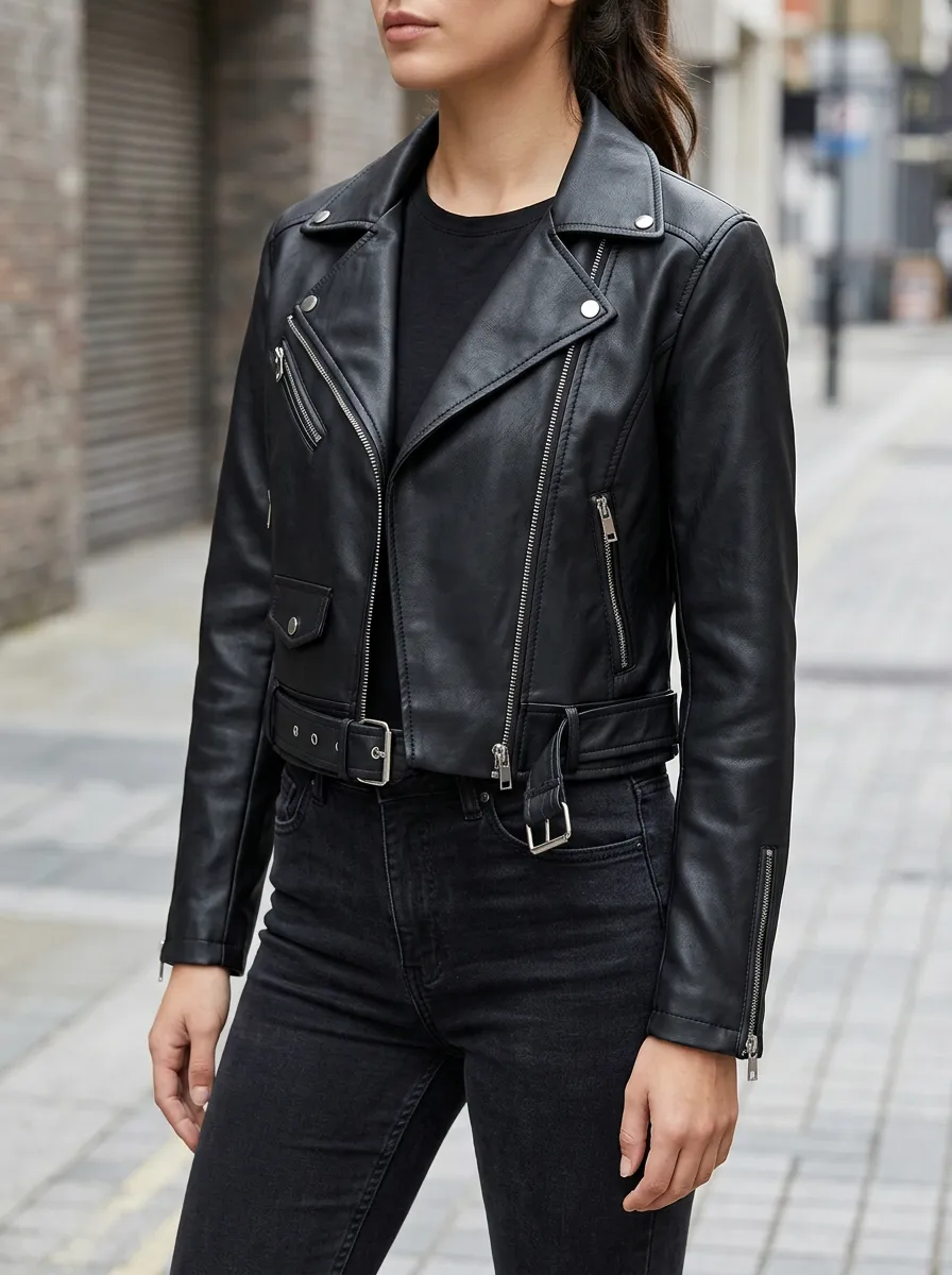 Women's Black Faux Leather Biker Zippered Moto Jacket