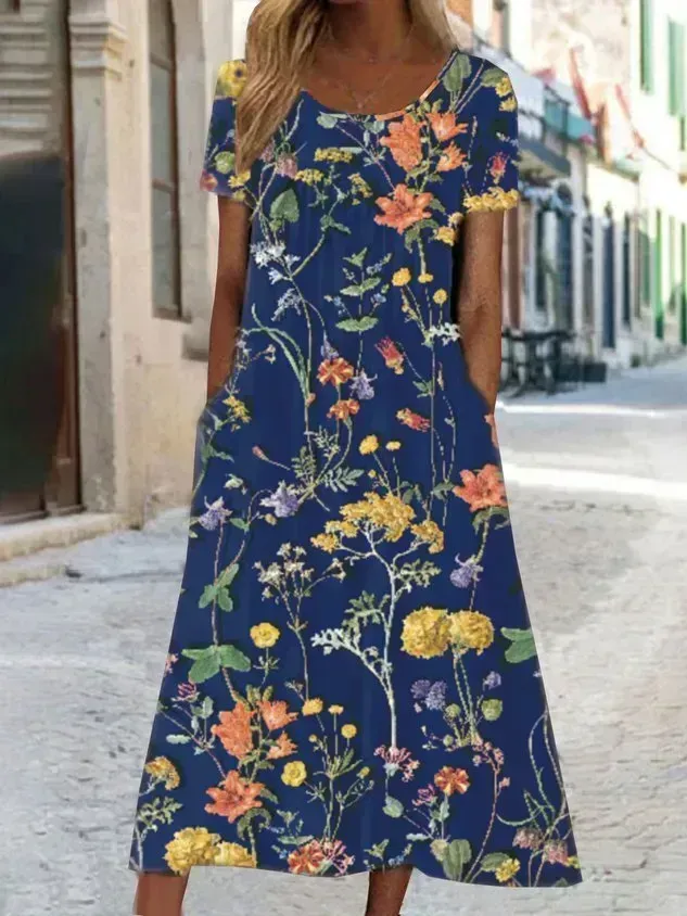 Blumenmuster Midi-Kleid Jersey Rundhals Kurzarm lässiger Stil Noracora