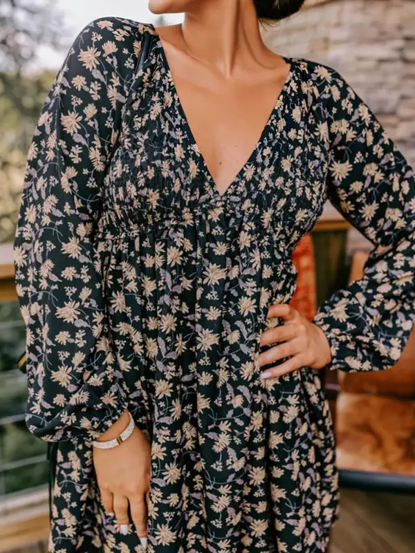 Floral V Neck Smocked Dress Casual