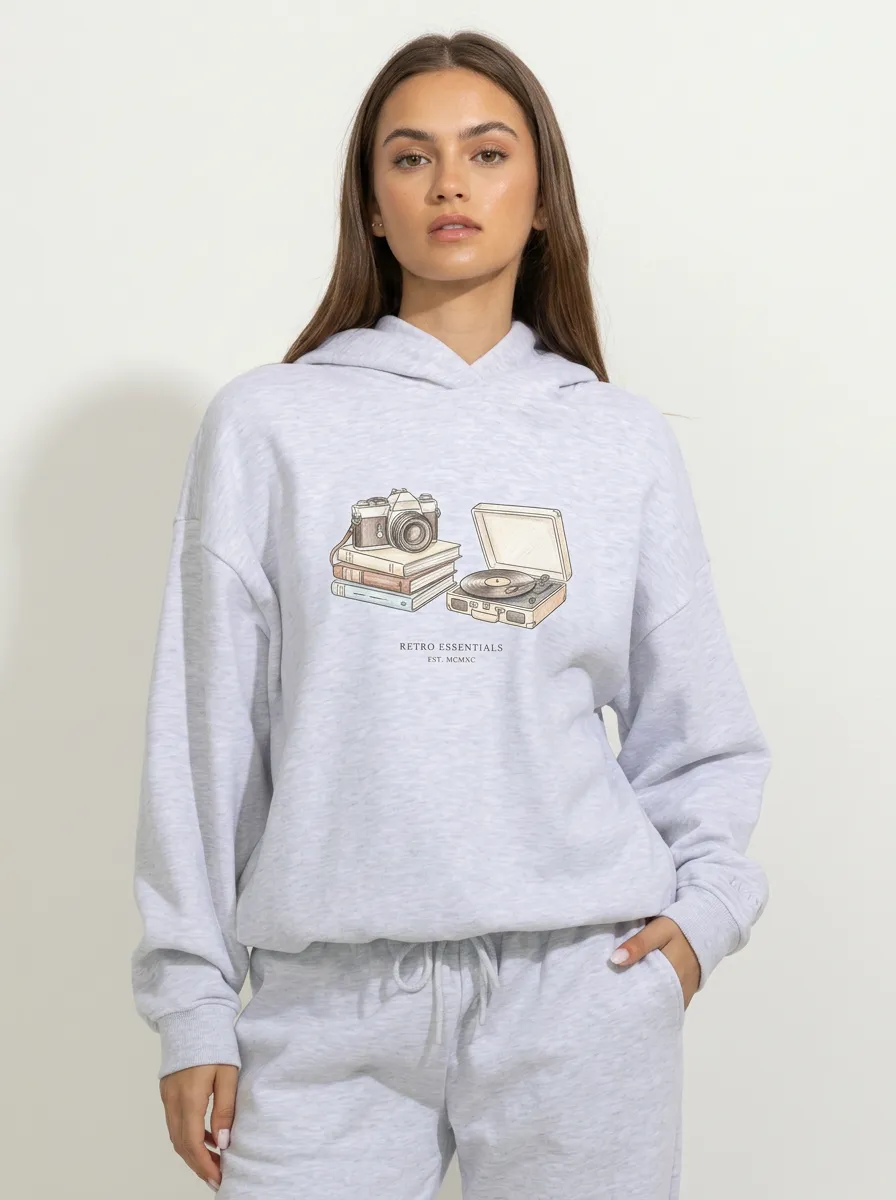 Women's Retro Essentials Camera Vinyl Record Graphic Hoodie