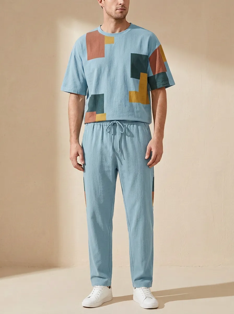 Men's Geometric Color Block Printed Casual Lounge Set