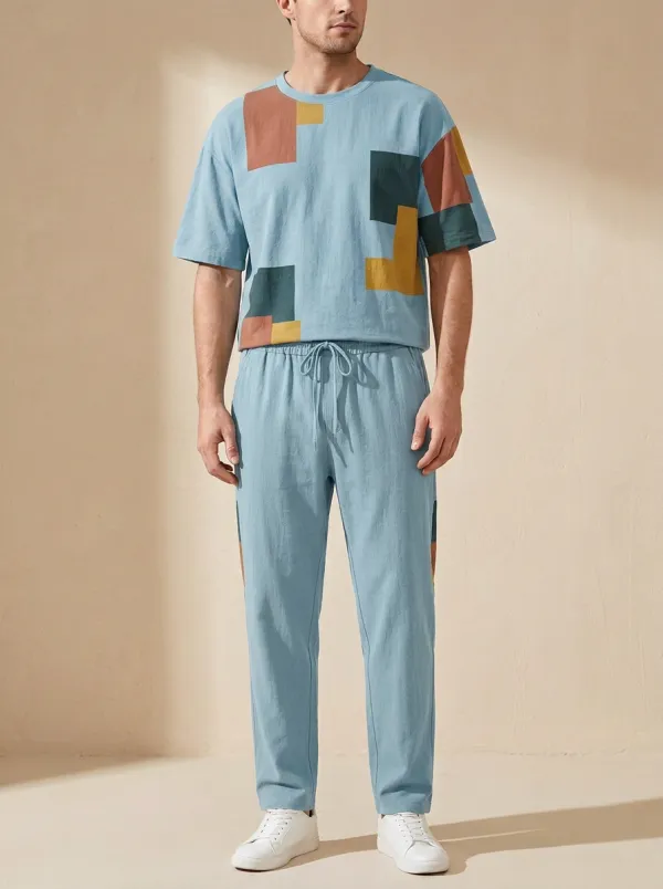 Men's Geometric Color Block Printed Casual Lounge Set