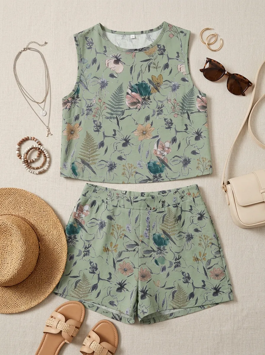 Women's Botanical Garden Floral Printed Sleeveless Short Set