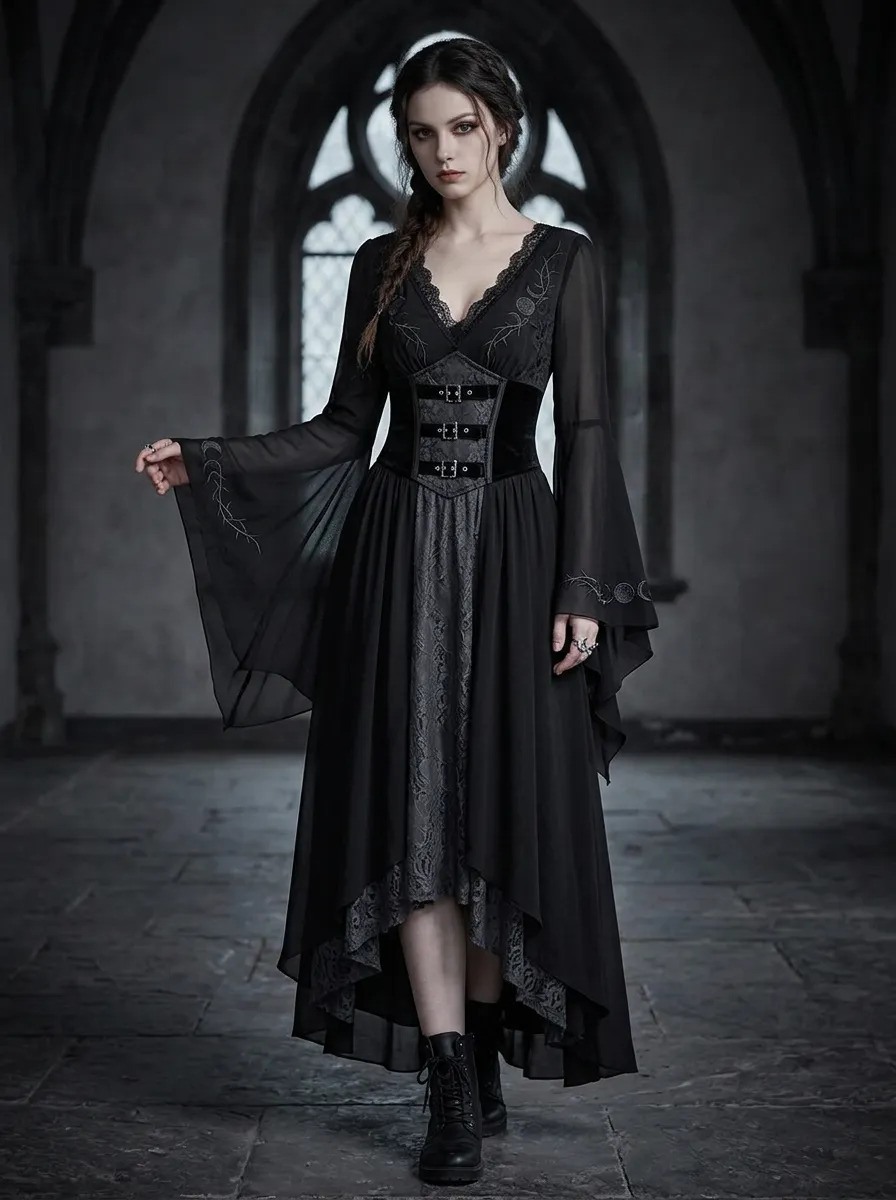 Punk Moon Phase Moon Embroidered Profile Women's Gothic Dress