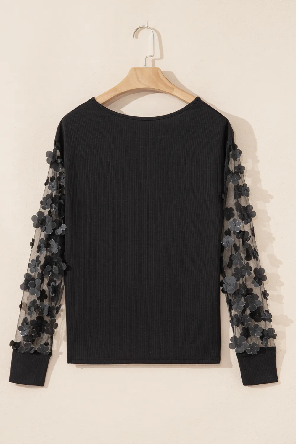 Black Flower Applique Mesh Long Sleeve Blouse