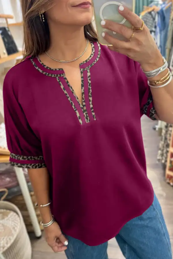 Women's Leopard Print V Neck Contrast Detail Top