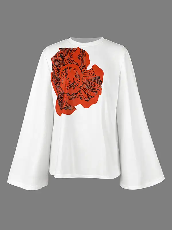 Flared Sleeve Long Sleeve Floral Print Round Neck T-Shirt