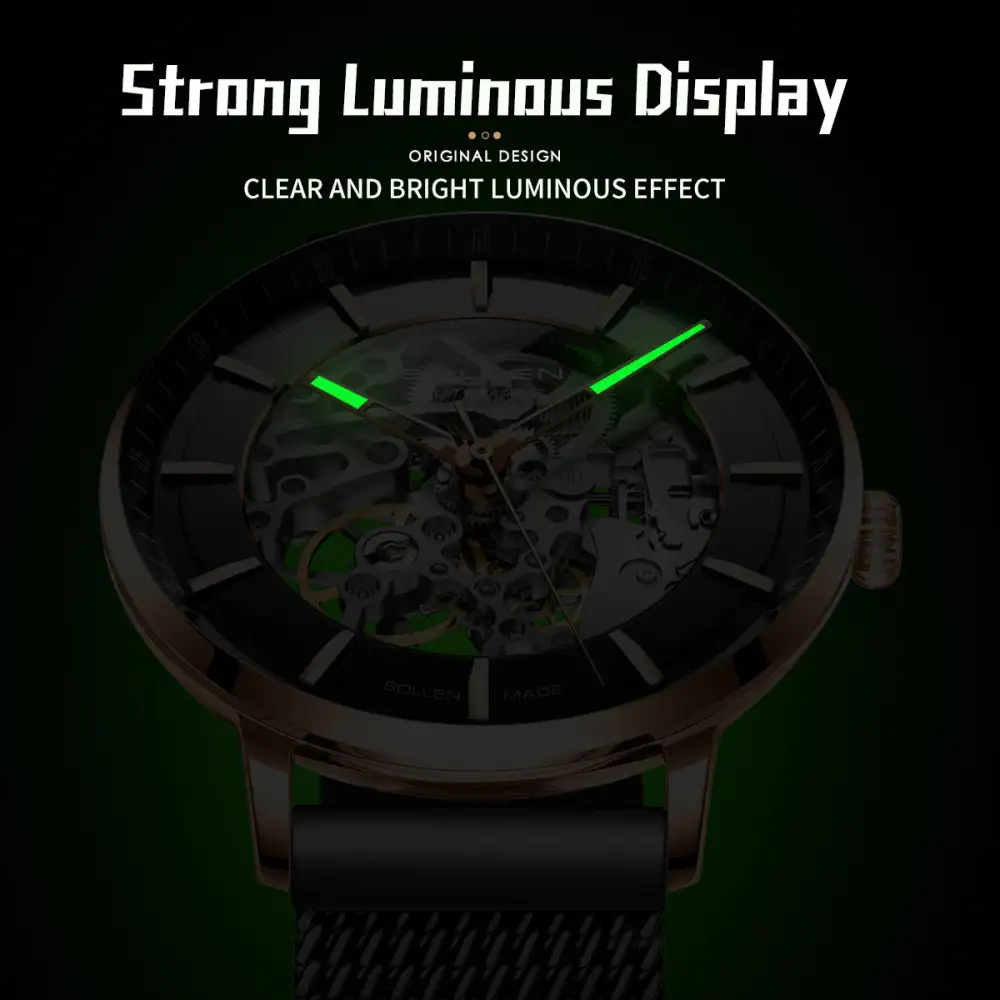 Sollen SL359 Men's Open Heart Full Skeleton Automatic Mechanical Watch - 42mm Stainless Steel Case Slim 9.9mm Luminous Markers Mesh Bracelet Wristwatch