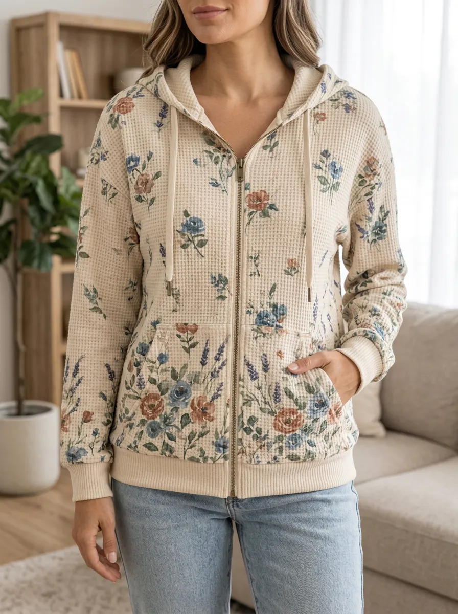 Women's Floral Waffle Knit Vintage Flower Printed Zip Up Hoodie