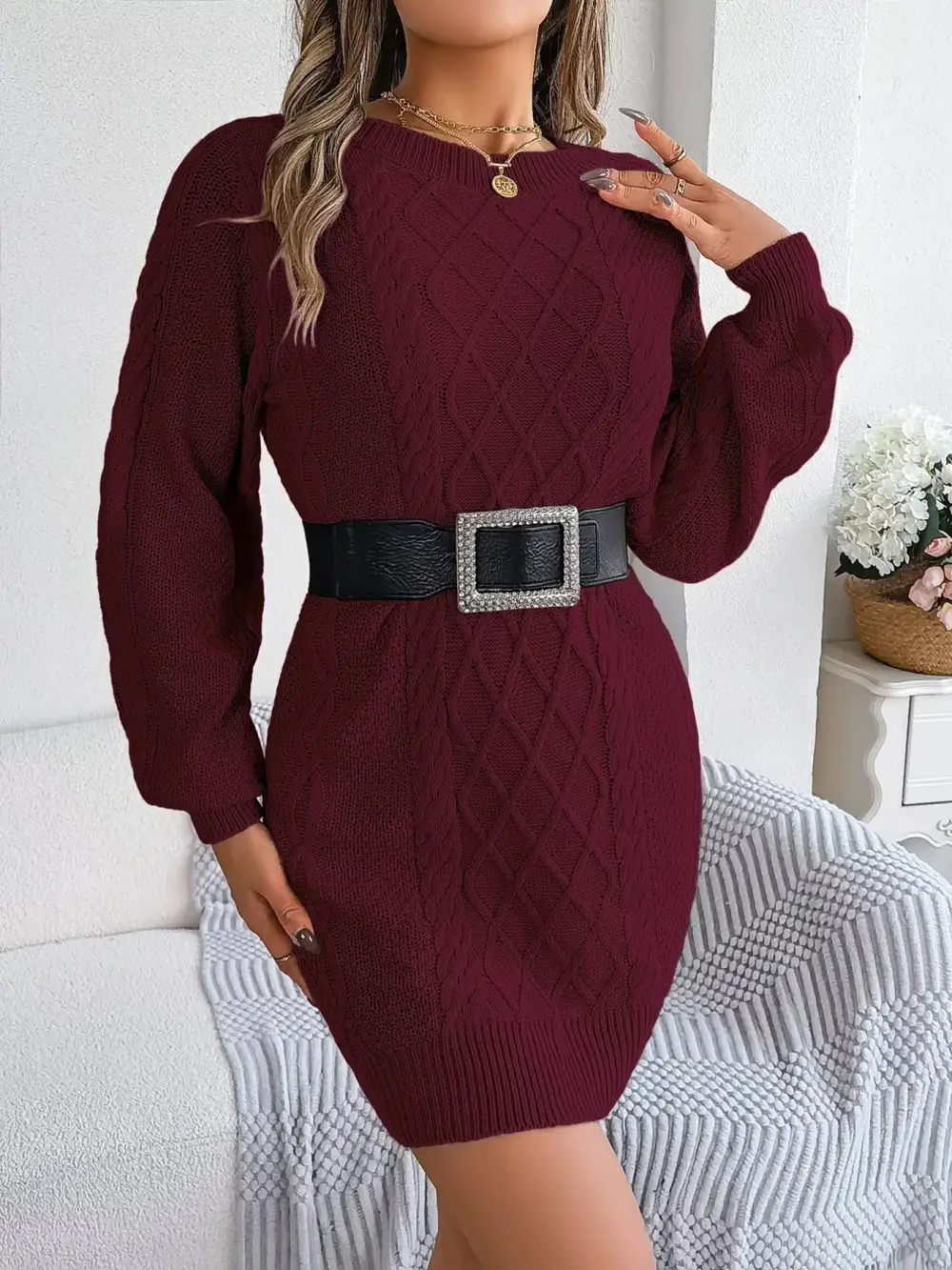 Polished Detail Knit Long Sleeve Sweater Dress