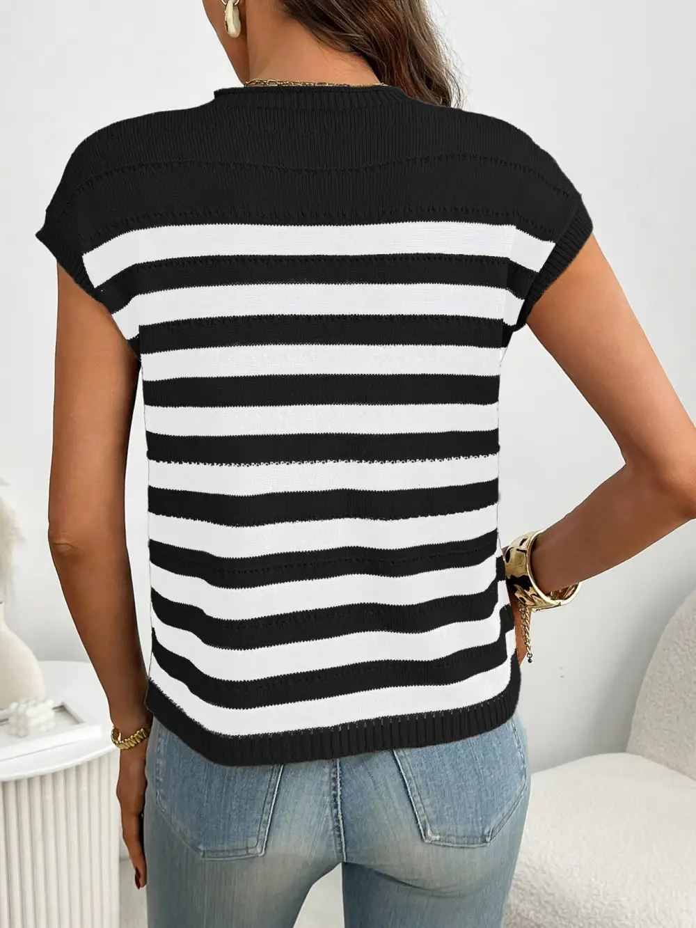 Striped Knit Pocket Detail Cap Sleeve Sweater