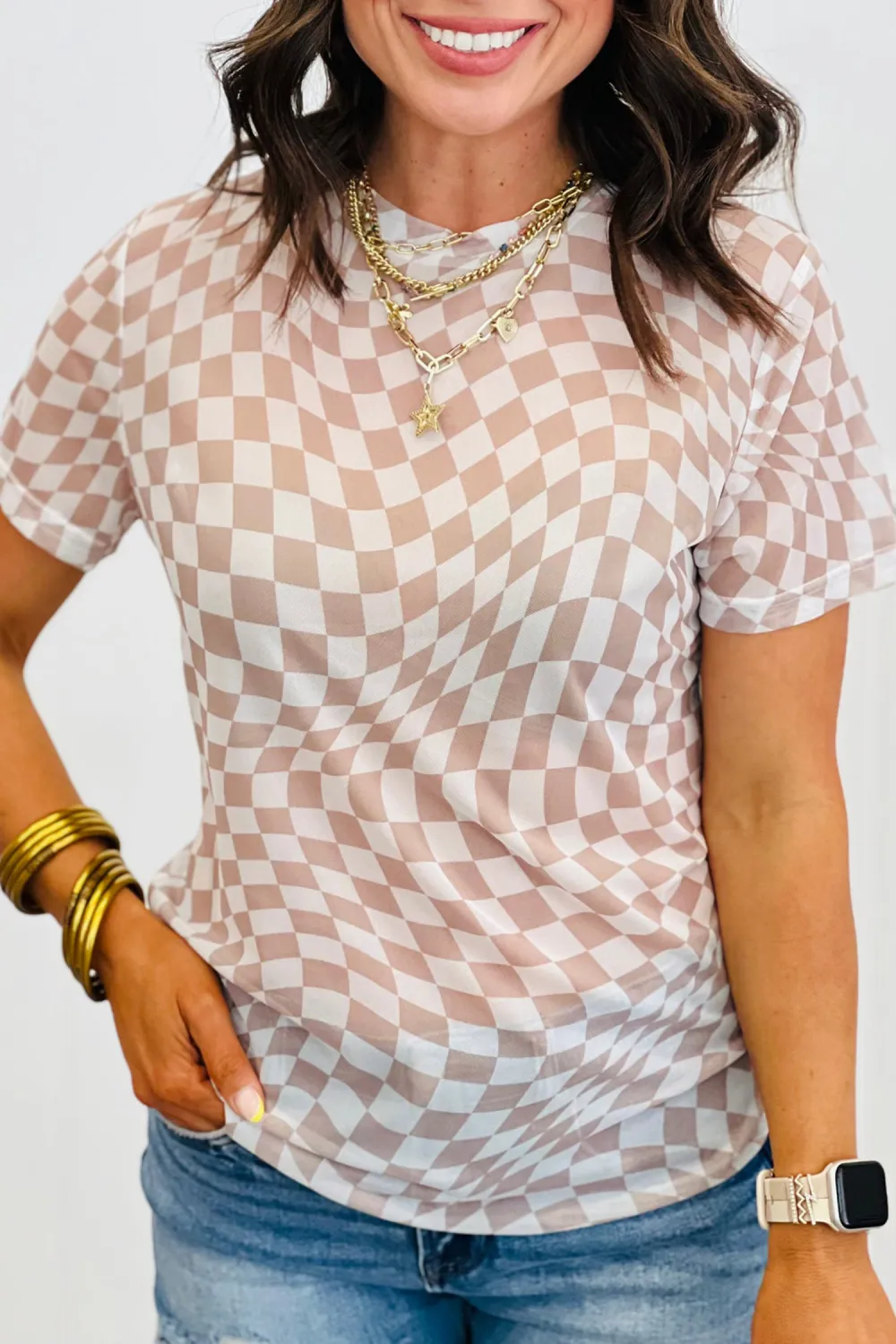Khaki Checkered Print Mock Neck Tee