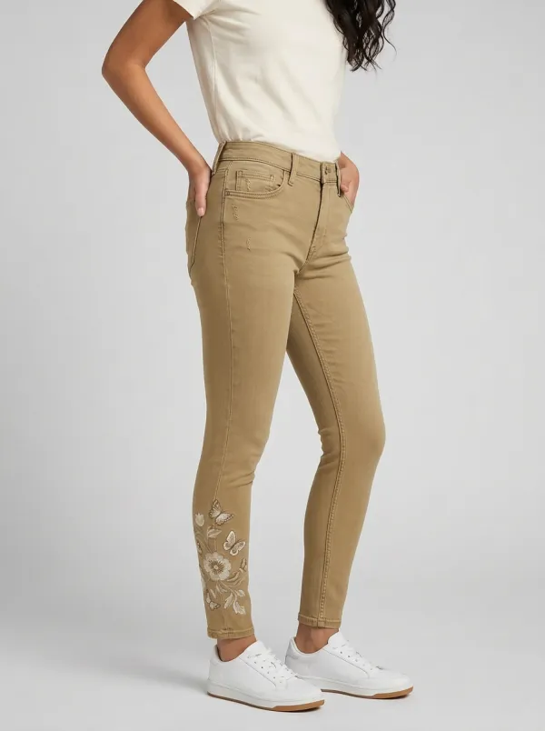 Women's Ridge Floral Butterfly Nature Embroidered Printed Slim Jeans