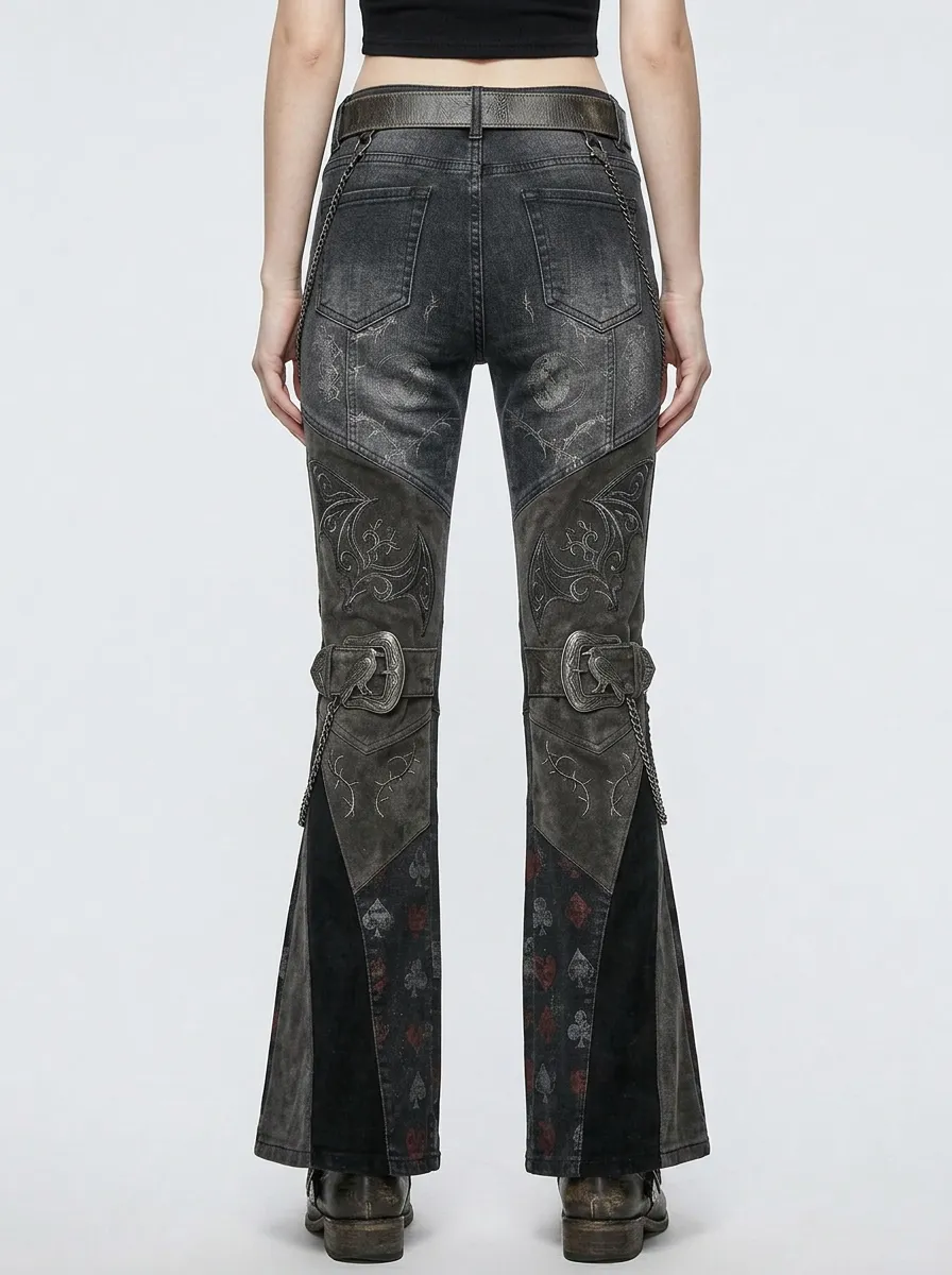 Dark Bat Moon Playing Card Style Women's Gothic Flare Pants