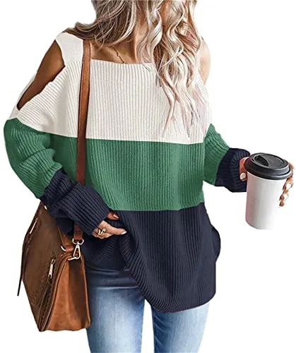 Women's Cold Shoulder Oversized Sweaters Batwing Long Sleeve Square Neck Chunky Knit Fall Tunic Sweater Tops