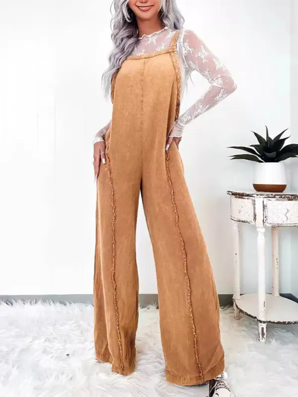 Vintage Washed Raw Edge Wide Leg Jumpsuit