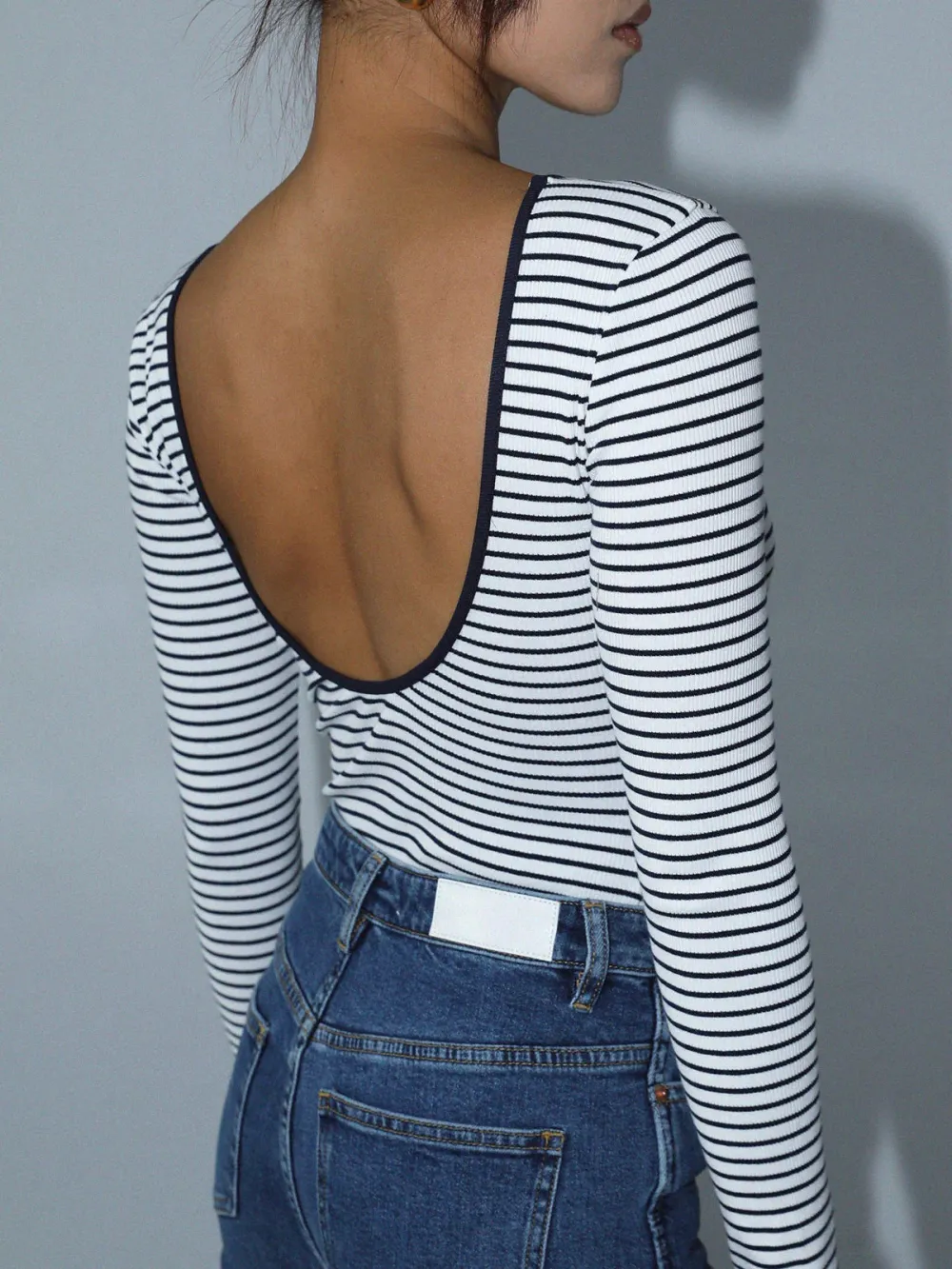 Striped Backless Long Sleeve Bodysuit