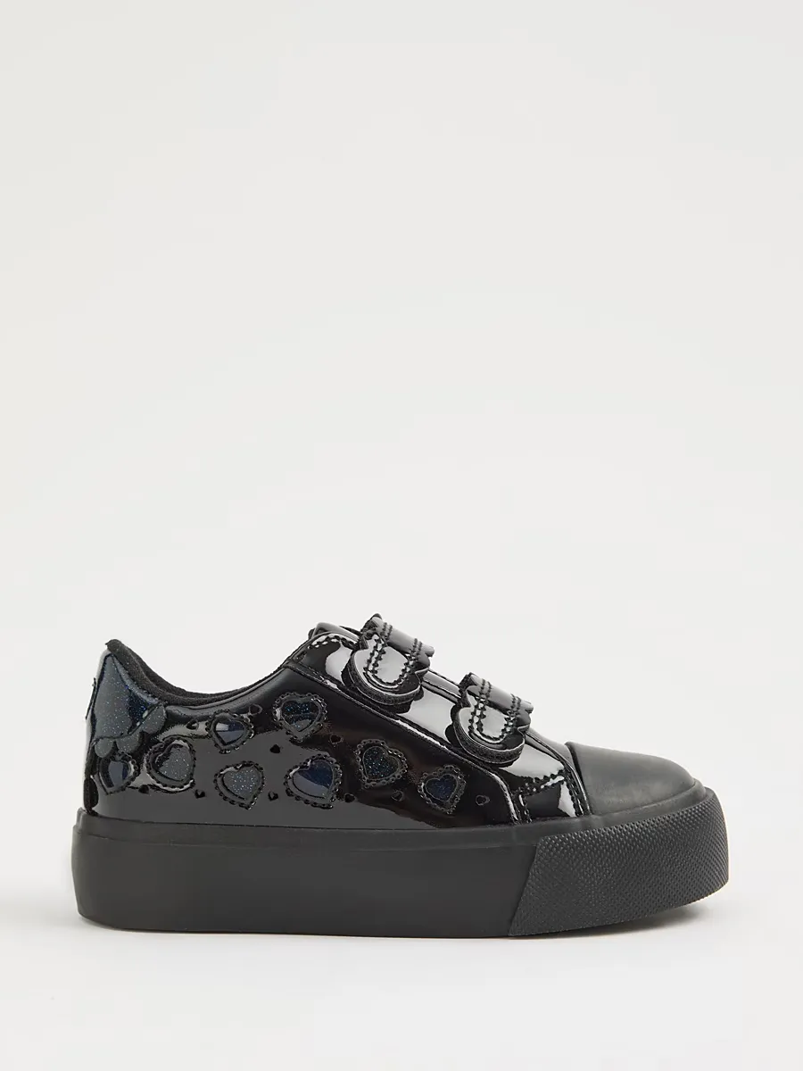 Black Heart Cutout Patent Twin Strap School Shoes