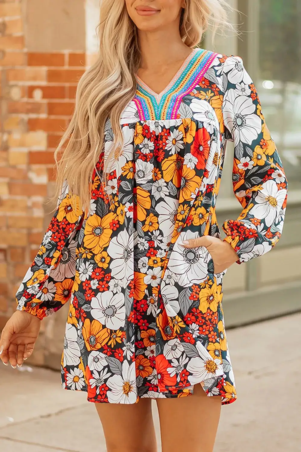 V Neck Floral Mini Dress