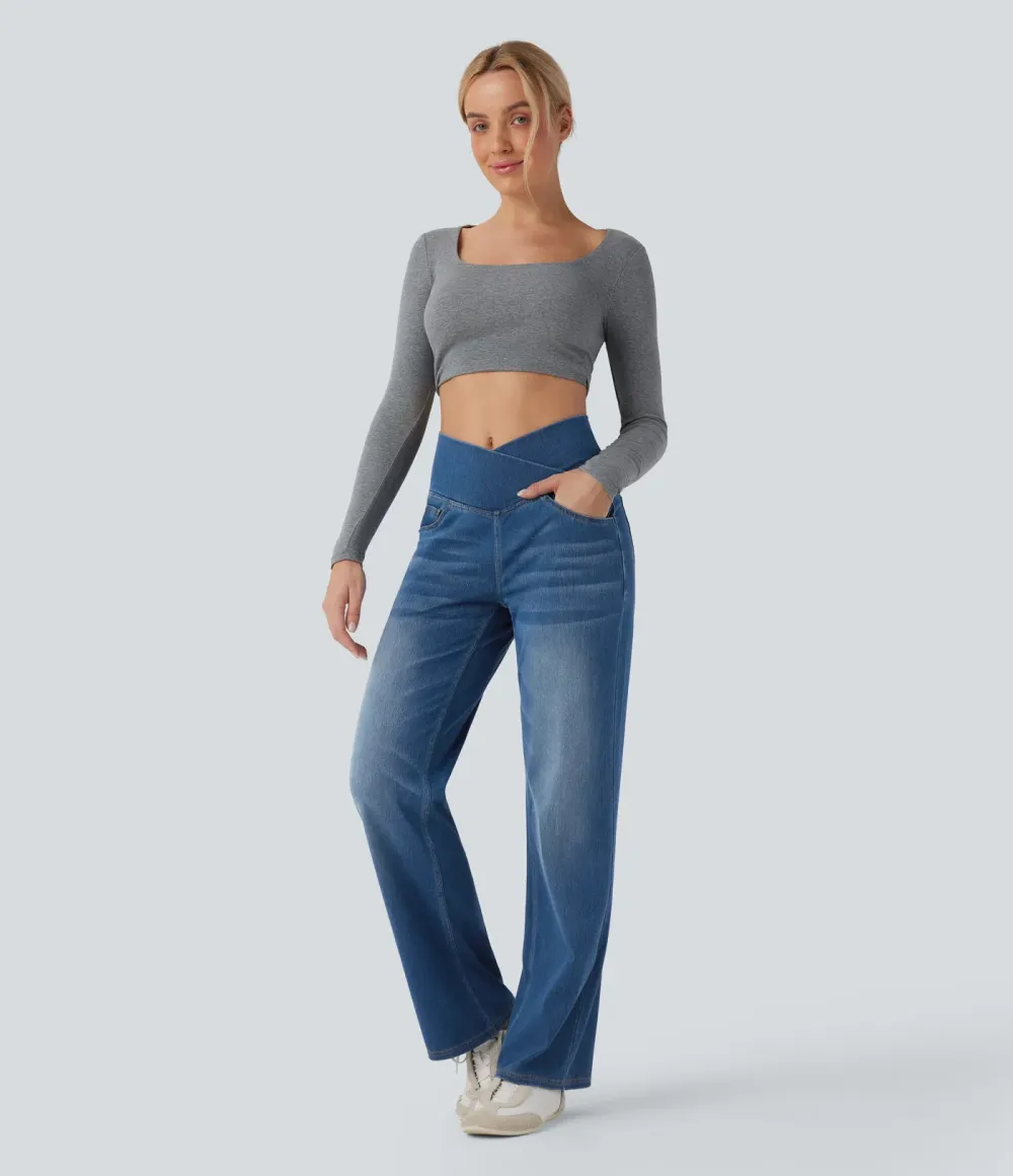 High-waisted, relaxed, crossover straight-leg jeans with  pockets