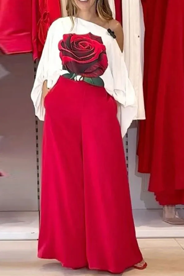 Red Wide-Leg Slash-Neck Pant Set