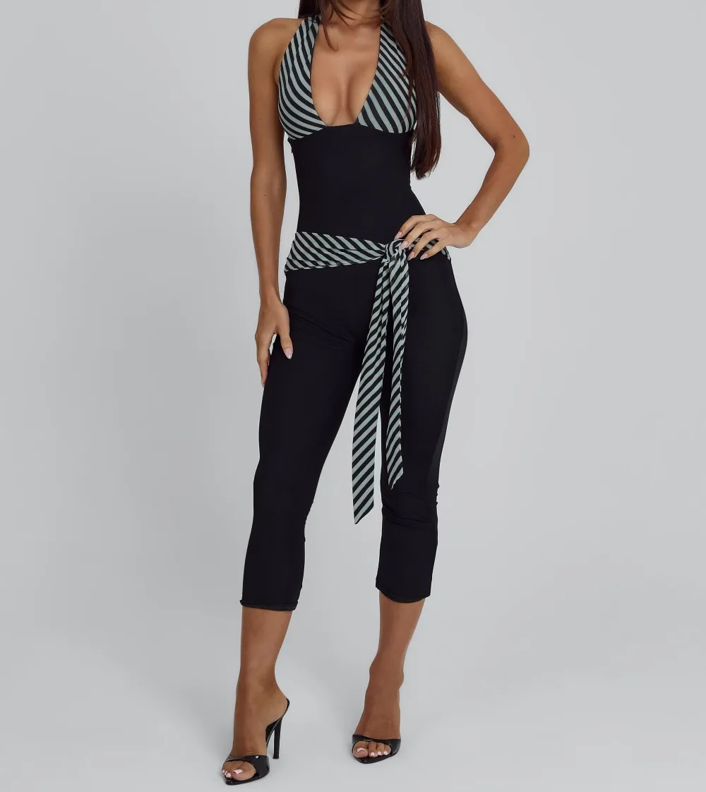Black Stripe Halter Capri Jumpsuit