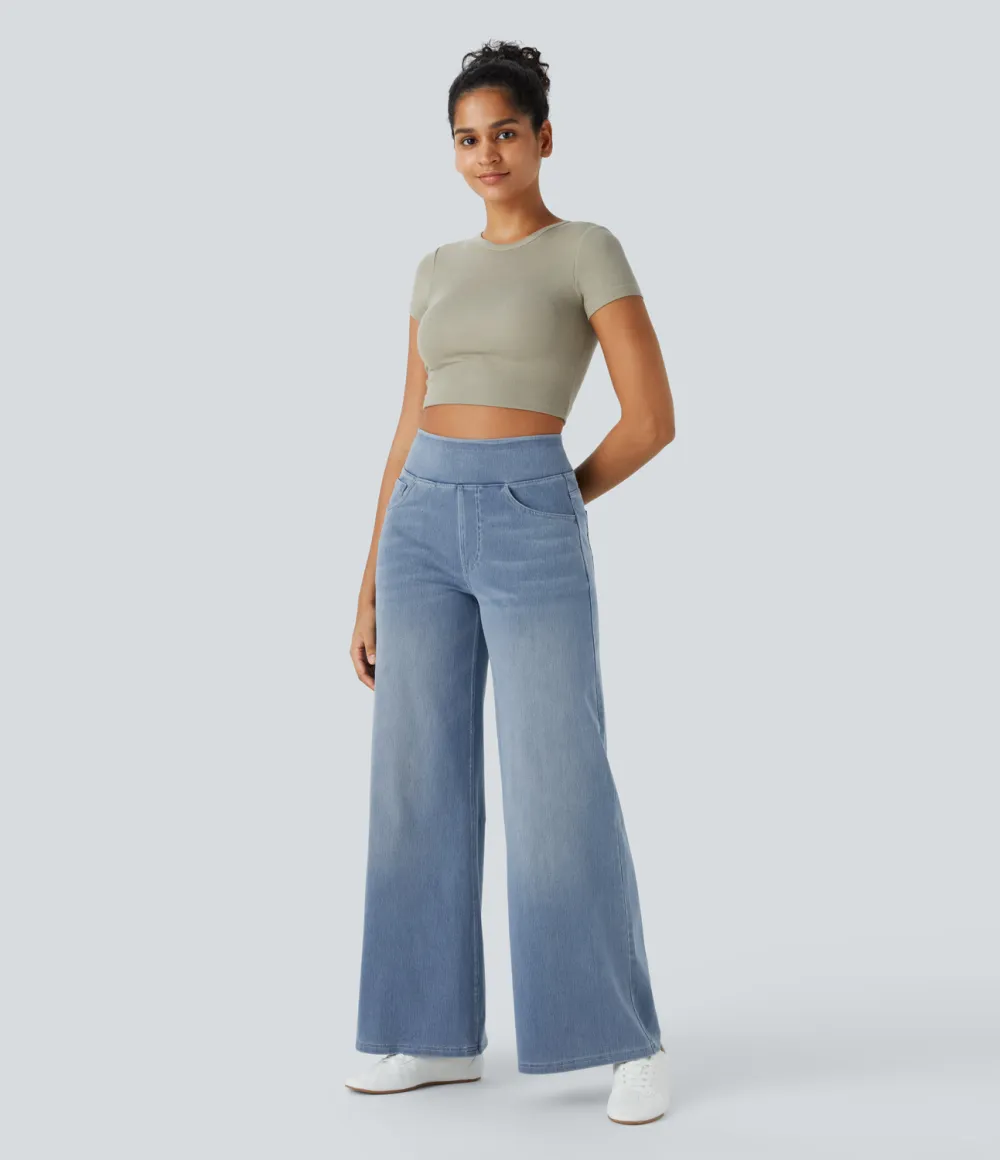 Magic High Waisted Multiple Pockets Wide Leg Washed Stretchy Knit Casual Jeans