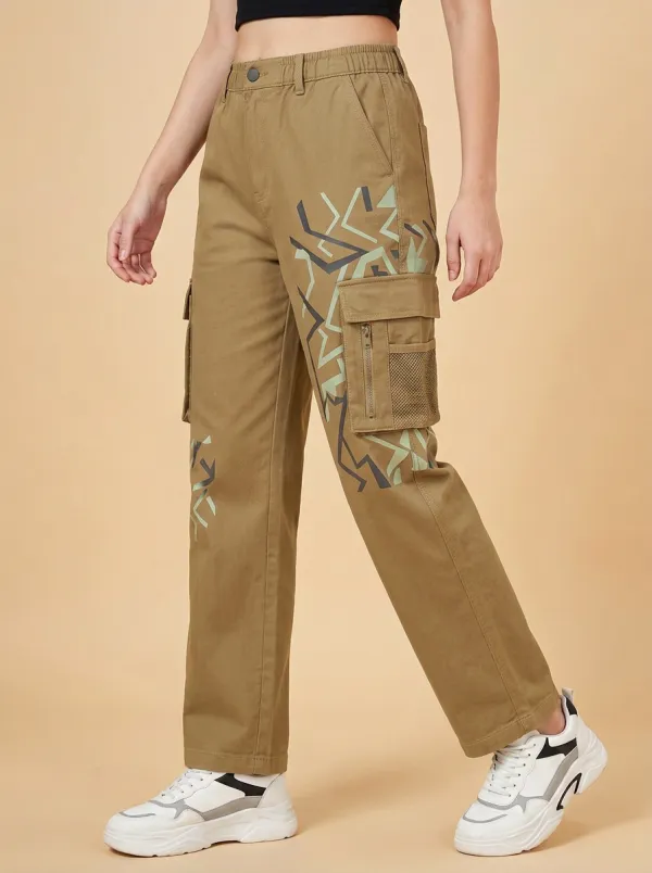 Women's Olive Green Urban Geometric Cargo Pants