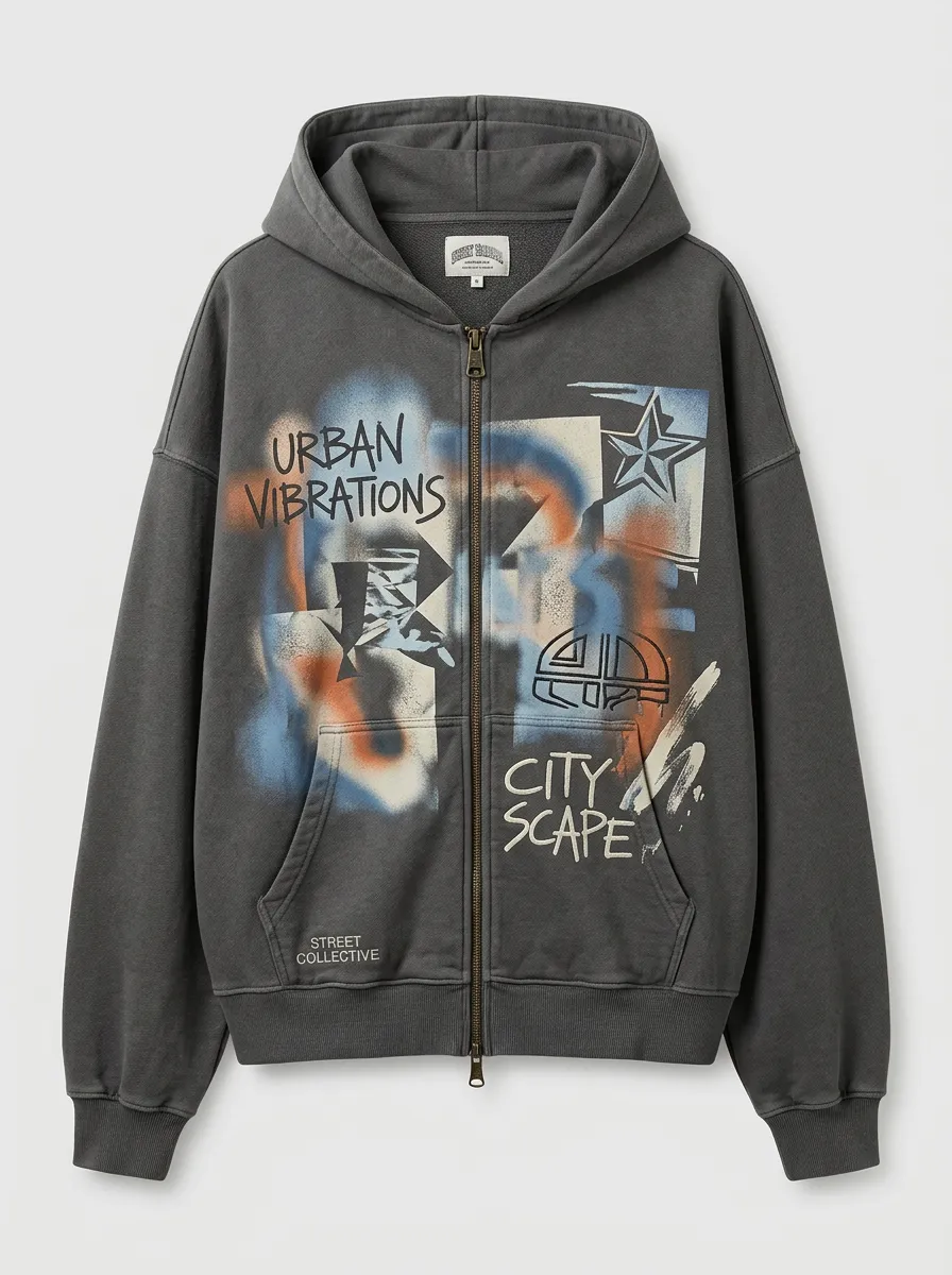 Unisex Streetwear Urban Vibrations Graffiti Star Printed Zip-up Hoodie