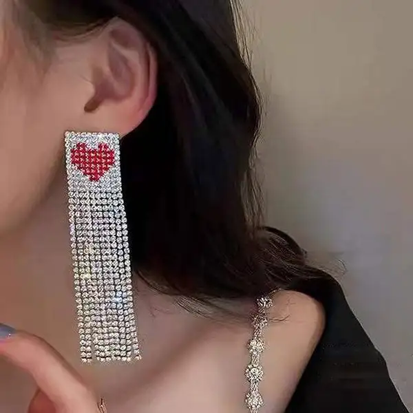 Rhinestone Heart Tassel Earrings