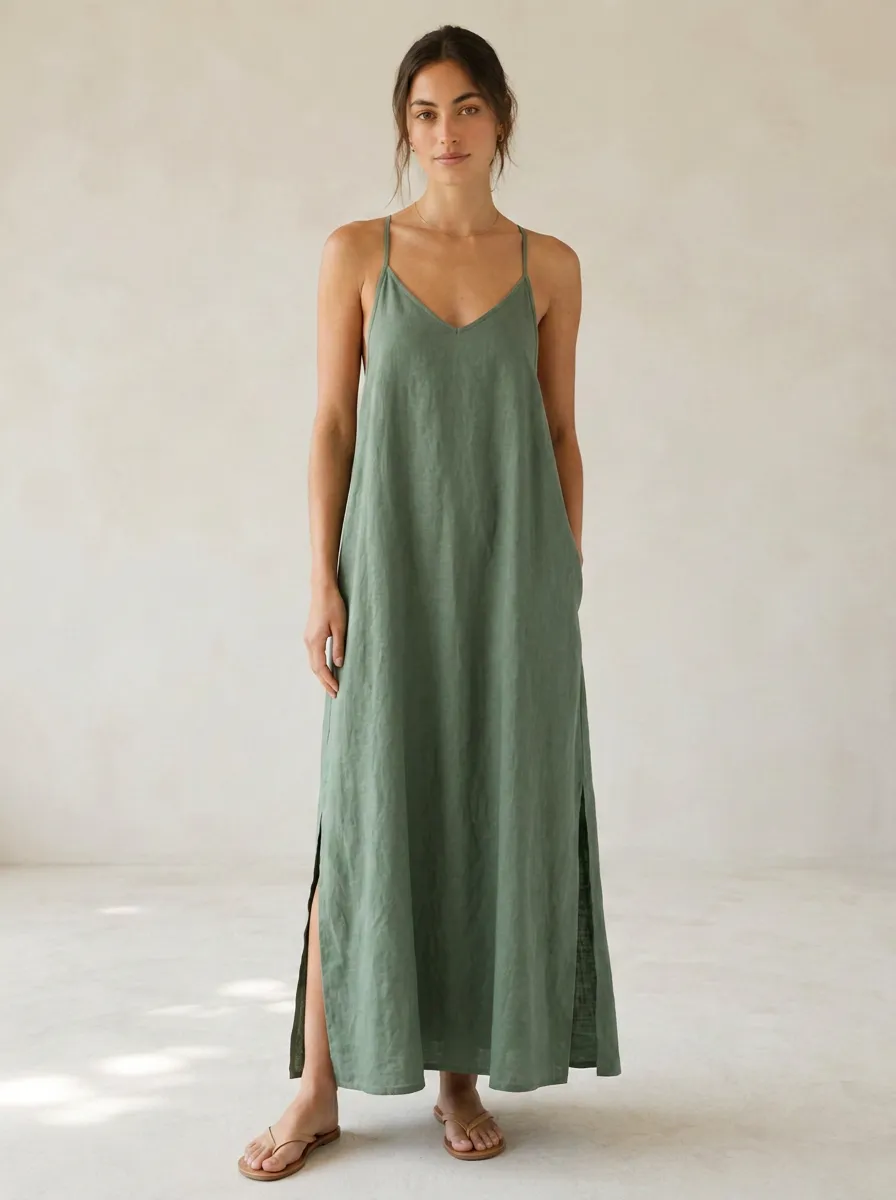 Women's Coastal Casual Linen Maxi Backless Dress