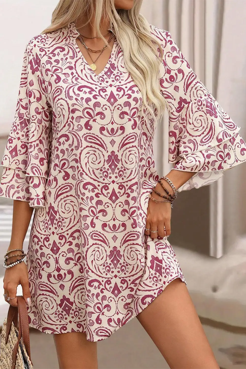 Paisley Print Tiered Sleeve Notched Neck Mini Dress