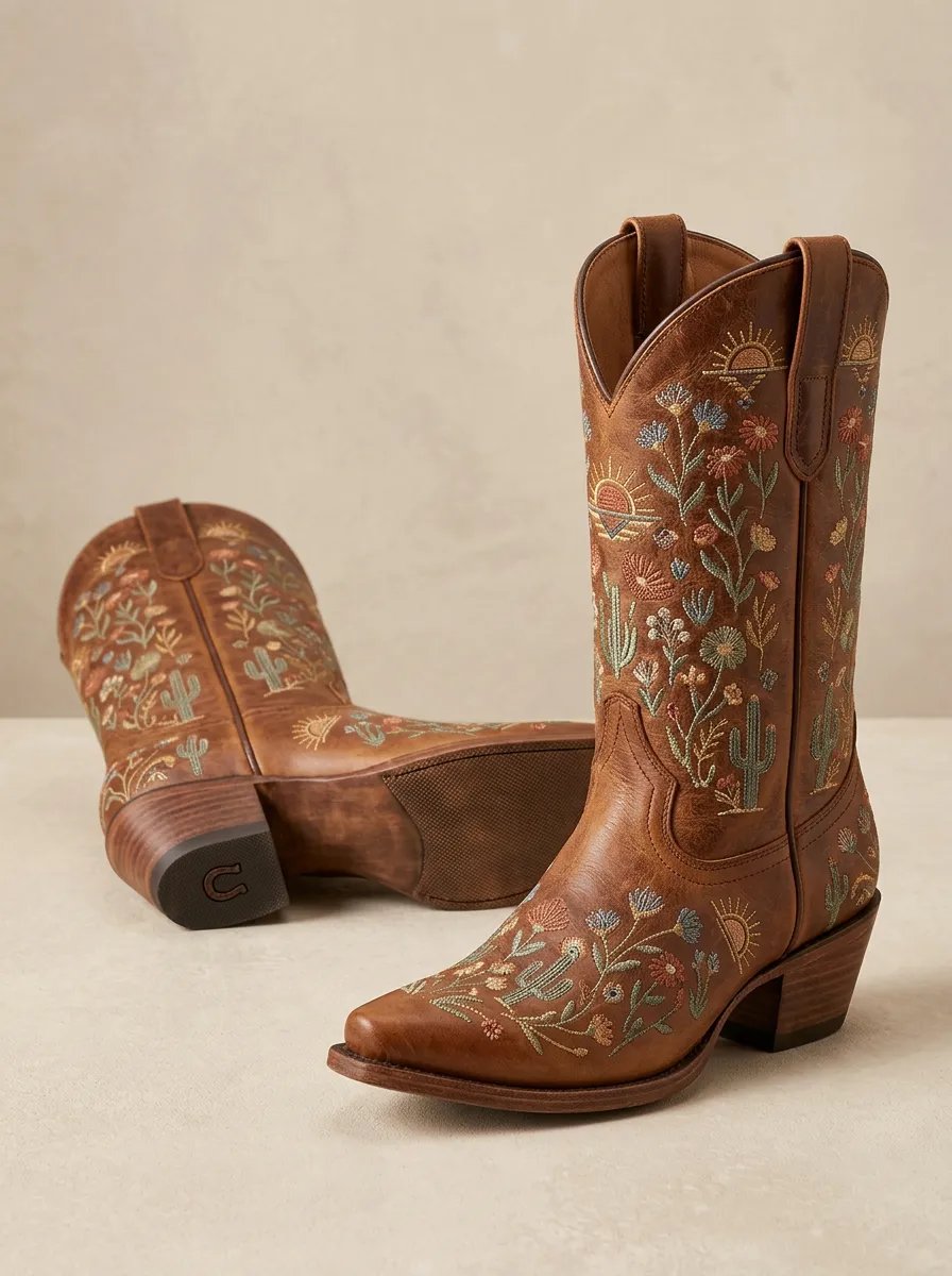 Desert Cactus Sun Floral Detail Unisex Western Cowboy Boots