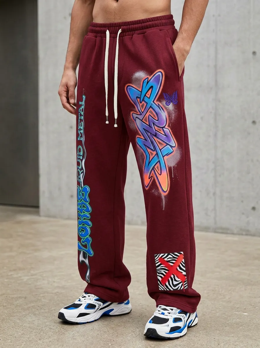 Men's Streetwear Graffiti Butterfly Liquid Metal Printed Sweatpants